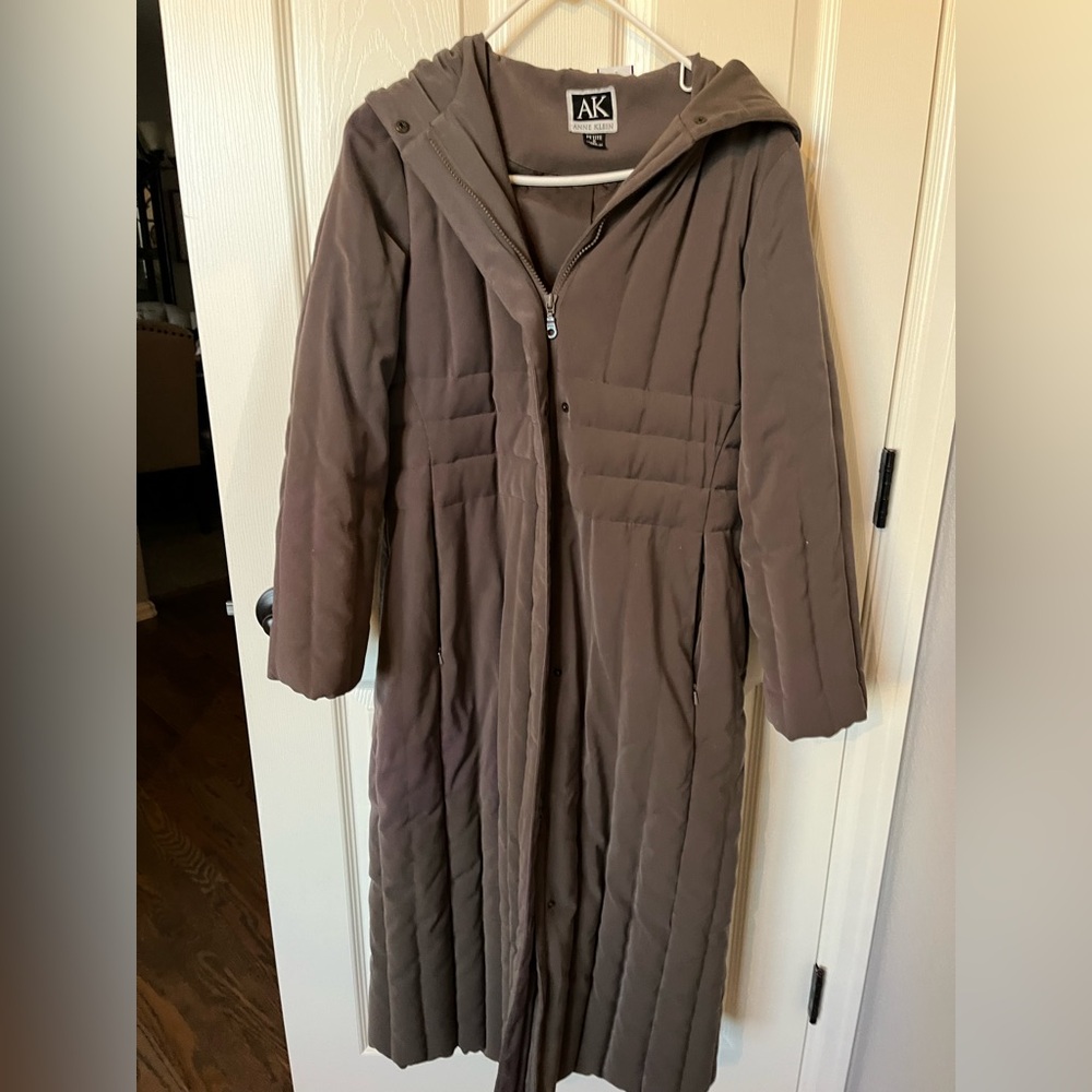 Anne Klein Hooded Taupe Puffer Coat